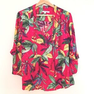 Chicos Dark Pink Tropical Floral Tassel Blouse Gold Metallic Fil Coupe Size 0.5